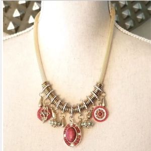 Gold Tone 18" Necklace Rhinestones Coral Red Green Valentines day